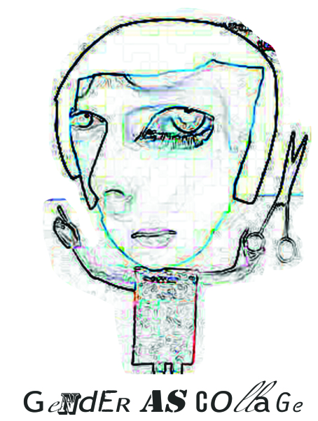 La imagen es un dibujo pixelado de una figura con un cuerpo pequeño y una cabeza grande. Tiene unas tijeras en la mano izquierda. Debajo del dibujo hay un collage de letras de diferentes tipografías que lee en inglés Gender as Collage.