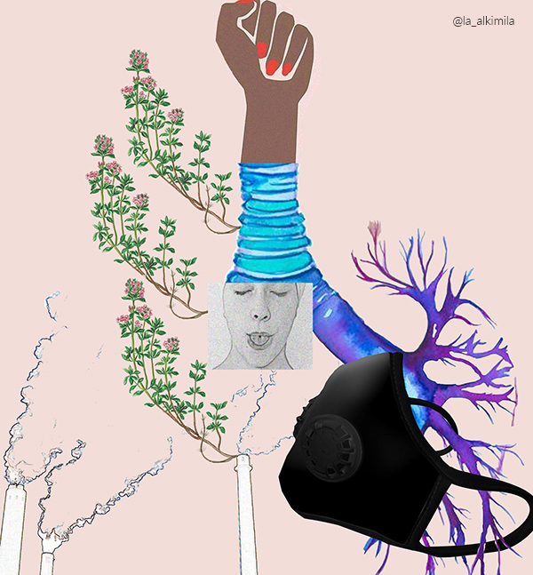 Collage en un fondo rosa con los siguientes elementos: abajo se ven chimeneas con humo, de una salen ramas de plantas en flor que rodean a una cara que respira con la boca abierta y la lengua enrollada sacada por fuera. De la cabeza sale un puño levantado de piel morena y con las uñas pintadas de rojo. En el fondo se ve un dibujo de los bronquios de un pulmón, de color violeta y azul. Encima hay una mascarilla de filtración de aire negra.